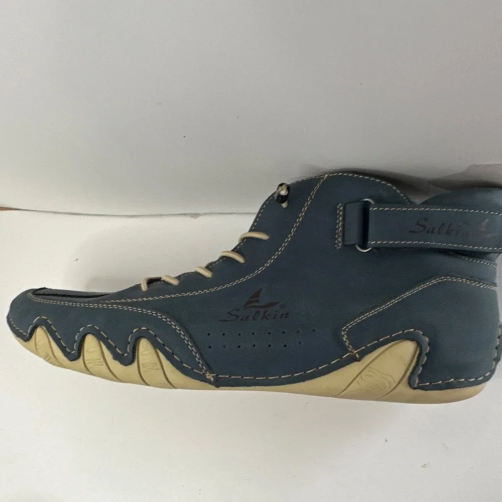 Salkin Blue Beige Leather Ankle Chukka Boots Lace Up Comfort Rubber Outsole Men